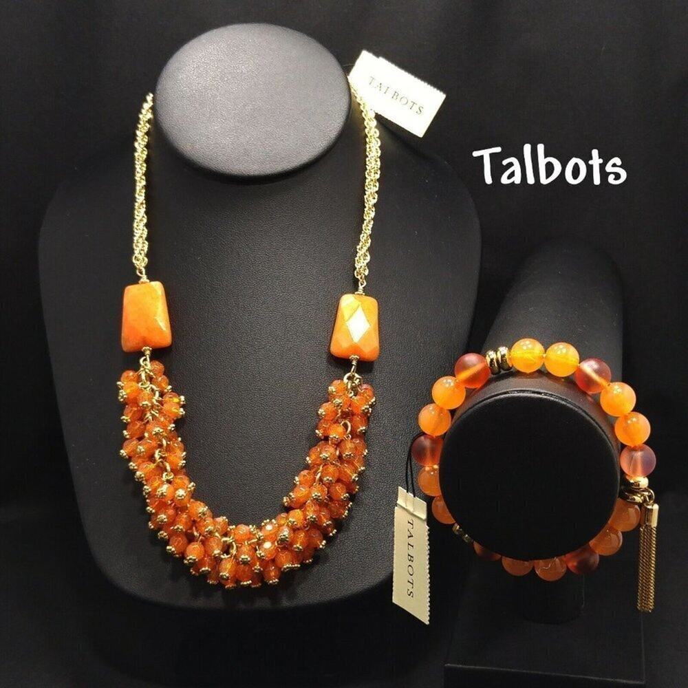 Talbots Orange Beaded Necklace Bracelet Set NWT Gold Tone Tassel